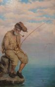 An oil on wooden panel of a fisherman with pipe,