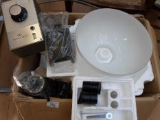 An Olympus binocular microscope together with a quantity of attachments,