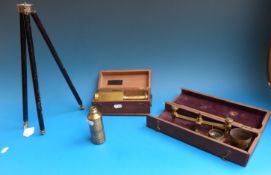 An architect's compass in brass case and outer wooden case together with parts of telescope and