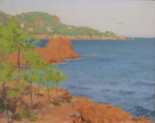 A Continental School oil on canvas of a rocky coastal scene, signed lower right A.