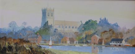 Harley Crossley oil on board church with sailing club to foreground,