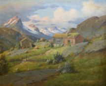 A mountain village scene indistinctly signed bottom right (49cm x 60cm)