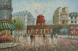 An oil on board of a Paris street scene featuring the Moulin Rouge,