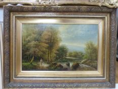 George Harris (1847-1915): Oil on canvas of a man walking beside a stream (24cm x 39cm)