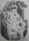 An early 20thC etching of a fine featured boy or possibly a girl in a man's suit sitting in an