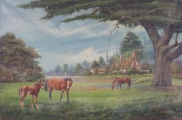 An oil on canvas of a rural equestrian scene by L.V.