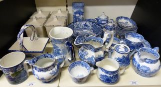 A collection of Spode, George Jones and other blue and white ceramics including storage jars,