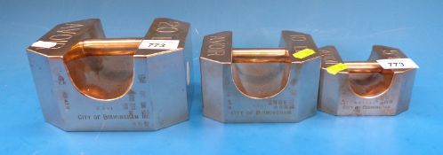 A run of three W & T Avery City of Birmingham standard weights comprising 20, 10 and 5lb weights,