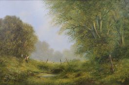 Oil on canvas countryside scene with figures,