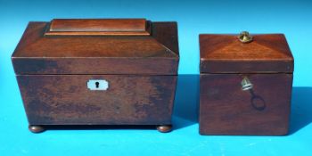 A Georgian mahogany tea caddy with brass handle and inlay together with a sarcophagus shaped