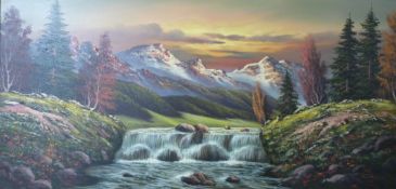 An oil on canvas of a river with waterfall in a mountainous landscape (48 x 98cm)