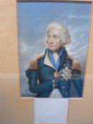 A framed Baxter print of Admiral Lord Nelson in naval dress with ships to background (10.5 x 7.
