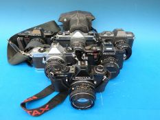 Six Pentax SLR cameras and lenses including Sportmatic with 1:1.4 /50 lens, ME Super 1:1.