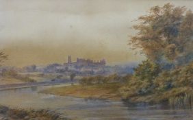 A watercolour of Lancaster Castle with river to foreground (22 x 36cm) Signed and dated Rampling