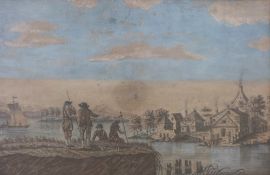 A 19thC gouache of figures standing on a bluff overlooking a settlement with a sailing ship coming