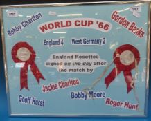 World Cup 1966 - two autographed rosettes, Bobby and Jackie Charlton, Gordon Banks, Geoff Hurst,