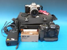 A Nikon F100 SLR camera with auto winder together with a Pentax MZ 10 camera etc