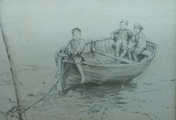 A pencil/wash of boys in a rowing boat indistinctly signed possibly W Rainey (14 x 21cm)together