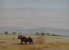 Daniel Njoroge (African modern): A set of three watercolours of African wildlife scenes, elephants,