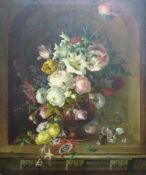 A 19thC oil on canvas still life of flowers and insects in an urn placed in a shady alcove,