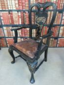 A set of six 19thC William and Mary style ebonised and chinoiserie decorated dining chairs with