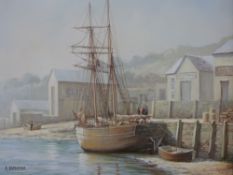 A Markham: Oil on canvas of a sailing ship at dock (39cm x 49cm)