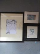 Three prints and an artist's box of paints.