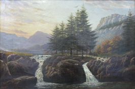 Joseph Barnes (British 1835-1915): Oil on canvas of a mountain stream, waterfalls, pine trees,