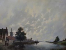 Cornelis Jan Van Rijsewijk (b 1954): Oil on canvas of Dutch landscape with canal, windmill,