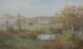 Charles Gregory (1849 -1920): Watercolour of large house within a river landscape,