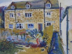Fred Yates (1922 -2008): Oil on board 'Garden Cottage, Vicarage St, Painswick'.