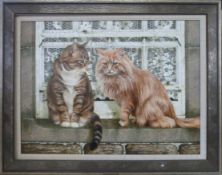 David C Lyons: Oil on board of two cats (60 x 80cm)