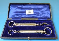 A cased pair of Salter chrome spring balances,