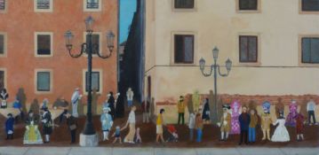 Roy Wallis: Acrylic on canvas of 'Carnival' in Venice (31cm x 61cm)