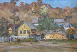 Pavel Bogdarov: Oil on board village scene,