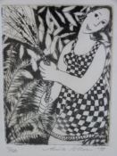 Anita Klein: signed limited edition 11/150 etching of a girl in a summer dress with a hose pipe