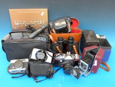 A quantity of cameras to include Samsung video recorder, Canon, Konica, Houghton-Butcher box camera,