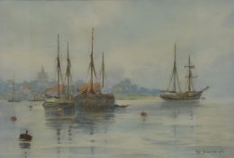 Frederick William Scarborough (1860 - 1939): Watercolour of ships off the coast with church and