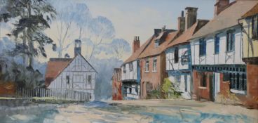 Harley Crossley oil on board 'Chilham, Kent' with pub and cottages in village setting,