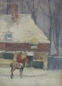 A watercolour of a lone huntsman mounted on horse outside a public house in snow covered landscape,