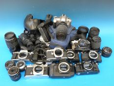 A quantity of various SLR cameras including Pentax, Canon AE 1, Canon EOS, Olympus,