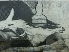 A framed and glazed limited edition etching 'Still Life with Ox Skull',