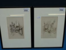 Two pen and ink drawings of street scenes both monogrammed TC and dated 1922 and 1923