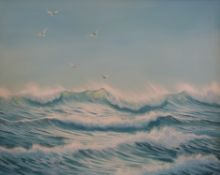 Keith English: Oil on canvas of waves with gulls above (58cm x 73cm) together with an unframed