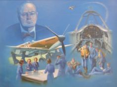 Keith English: Oil on canvas WWII montage including Spitfire, Churchill,