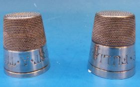 Two silver plated 'Just a thimble full' shot measures