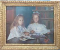 Alexander MacDonald RA: Oil on canvas of two girls painting in a library,