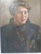 Victor Kabanov oil on board of a lady in a red scarf, signed and dated 1959 verso (48.