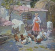 Stefan Yarovoi: Oil on canvas of a girl feeding chickens in a village,
