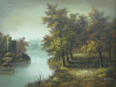 An oil on canvas of a woodland lane beside a river, signed C.